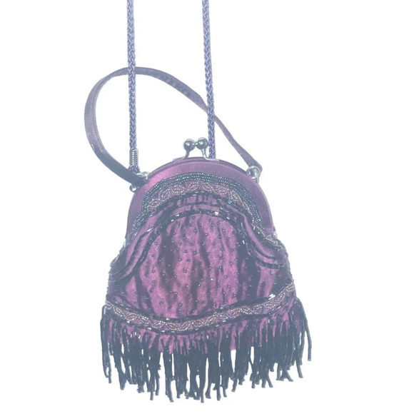 Vintage Kate Laundry Purple SCALLOPED SILK EVENING BAG Beaded Fringe Sequins - Picture 9 of 16